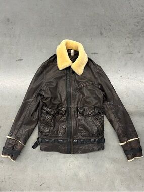 Vintage Y2K Diesel Dark Brown Leather and Shearling Jacket Size L
